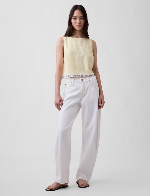 Linen-Blend Lace-Hem Crop Shell Top