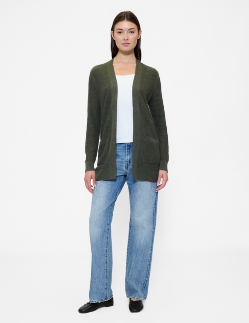 Relaxed Shaker-Stitch Open-Front Cardigan
