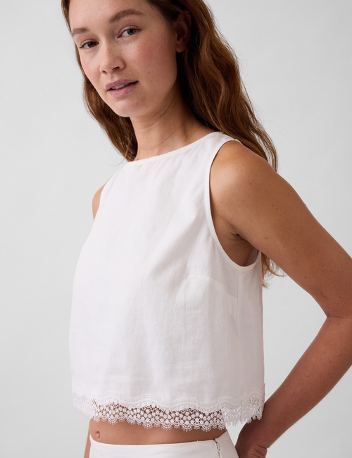 Linen-Blend Lace-Hem Crop Shell Top