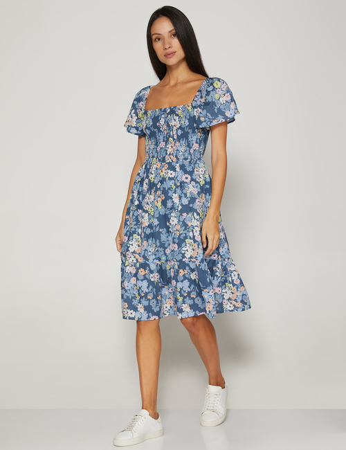 Smocked Squareneck Midi Dress
