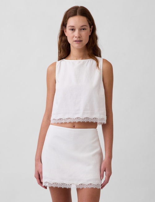 Linen-Blend Lace-Hem Crop Shell Top