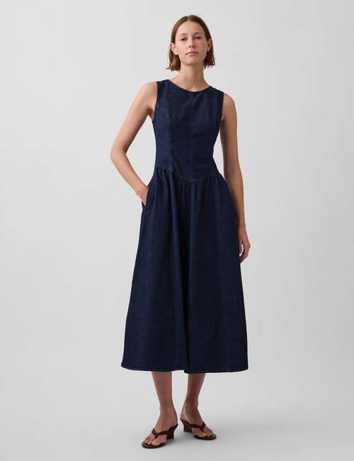 Denim Drop-Waist Midi Dress