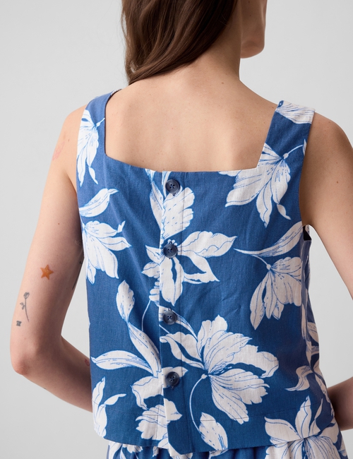 تي شيرت بلا أكمام قصير بأزرار في الخلف مزيج كتان