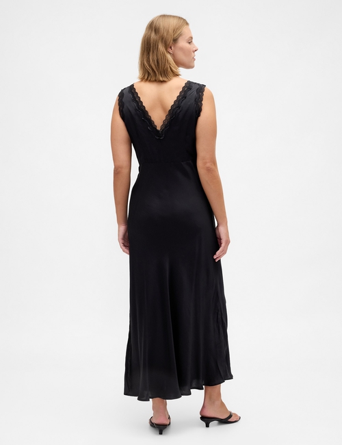 Satin Lace-Trim V-Neck Maxi Slip Dress
