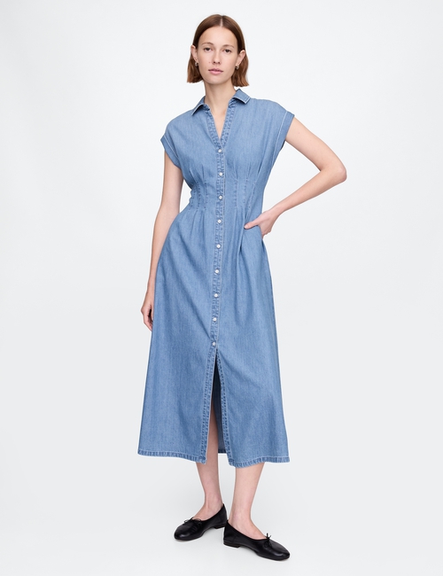 Denim Pleated Maxi Shirtdress