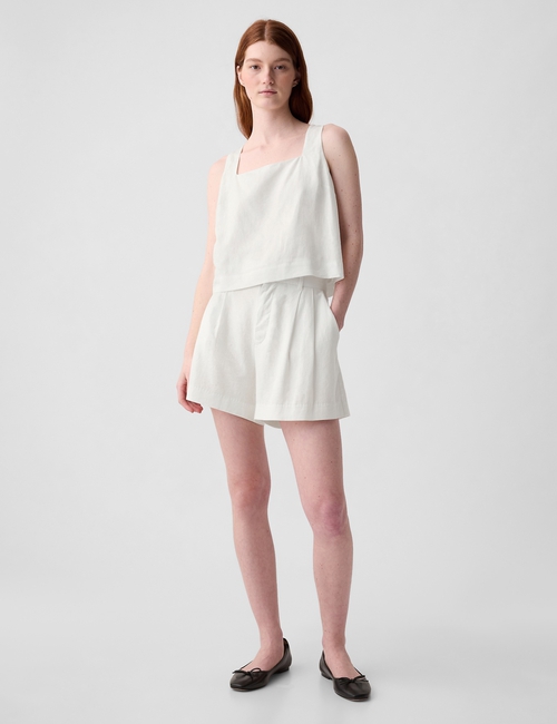 تي شيرت بلا أكمام قصير بأزرار في الخلف مزيج كتان