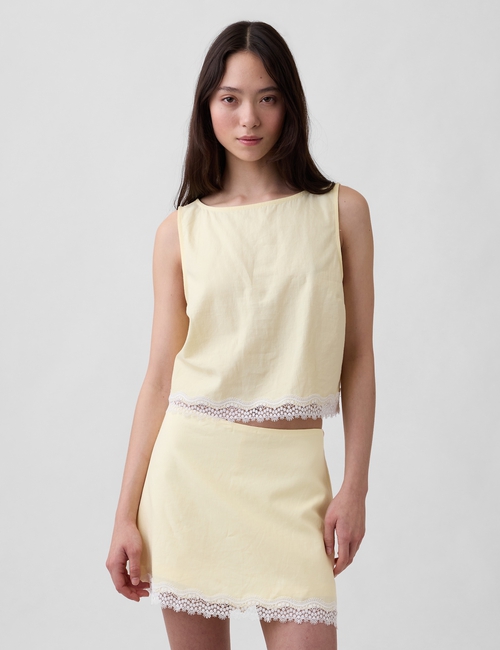 Linen-Blend Lace-Hem Crop Shell Top