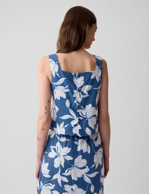 تي شيرت بلا أكمام قصير بأزرار في الخلف مزيج كتان