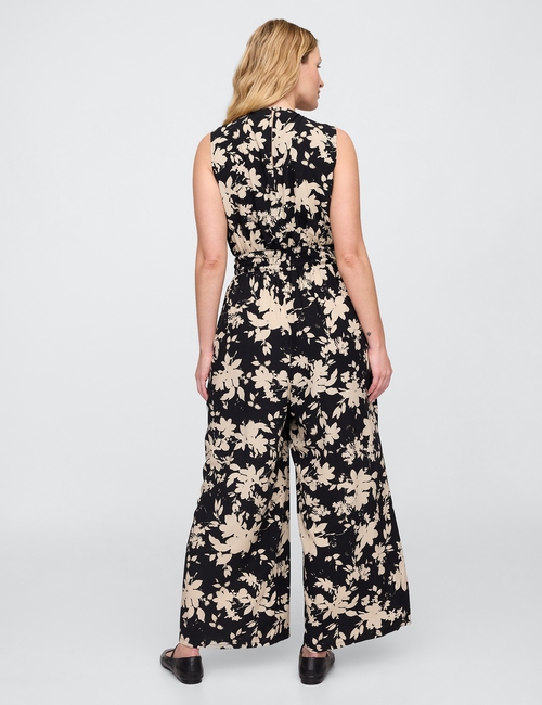 Smocked Wide-Leg V-Neck Jumpsuit