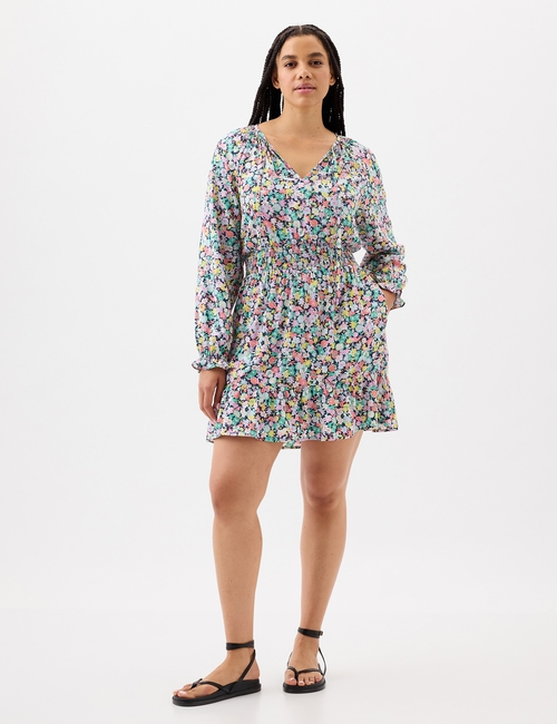 Relaxed Smocked Splitneck Mini Dress