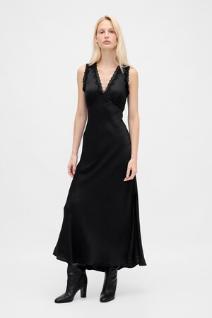 Satin Lace-Trim V-Neck Maxi Slip Dress