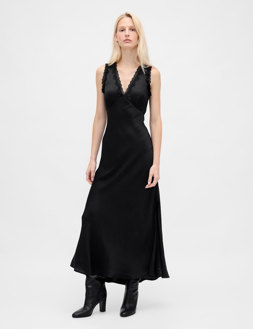 Satin Lace-Trim V-Neck Maxi Slip Dress