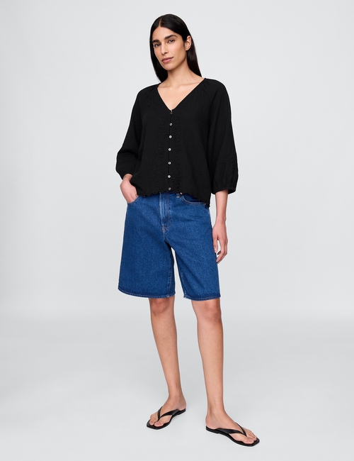 Cotton Gauze Embroidered V-Neck Top