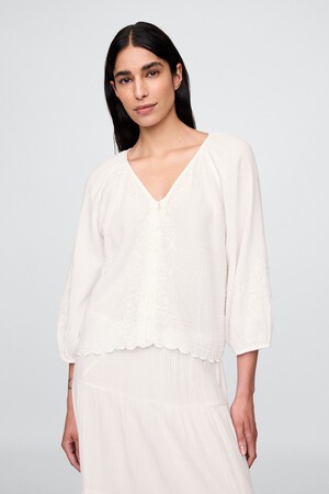 Cotton Gauze Embroidered V-Neck Top