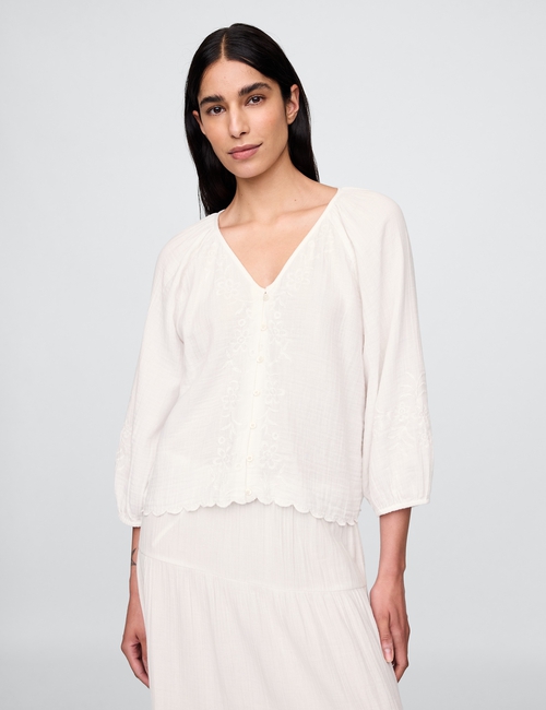 Cotton Gauze Embroidered V-Neck Top