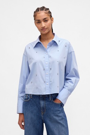 LS STRAIGHT HEM CROPPED SHIRT - POPLIN SHINE