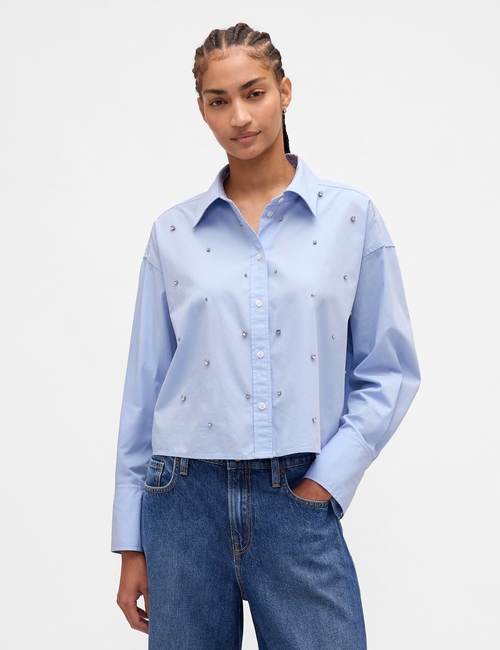 LS STRAIGHT HEM CROPPED SHIRT - POPLIN SHINE