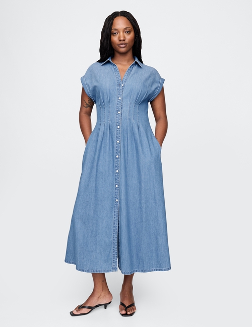 Denim Pleated Maxi Shirtdress