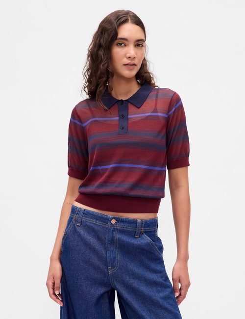 Sheer Crop Polo Sweater