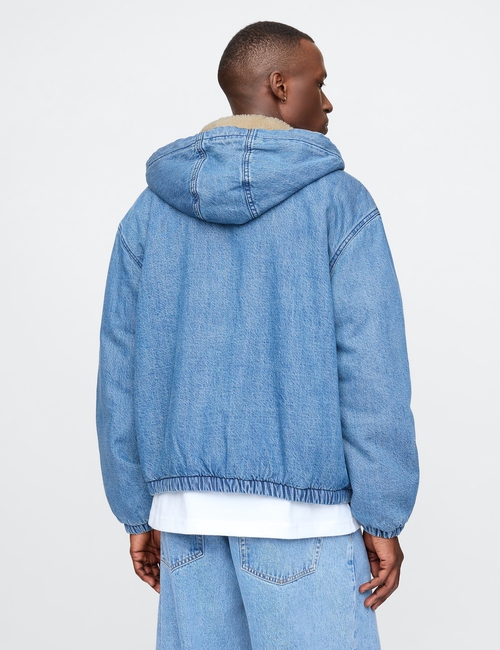 Oversized Sherpa-Lined Denim Zip Hoodie