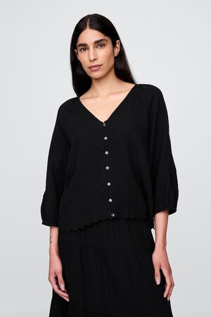 Cotton Gauze Embroidered V-Neck Top