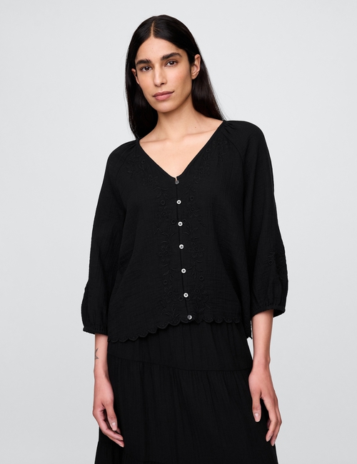 Cotton Gauze Embroidered V-Neck Top