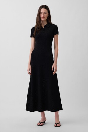 Pointelle Polo Maxi Sweater Dress