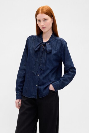 LS TIE FRONT DENIM TOP - DK DALLOWAY