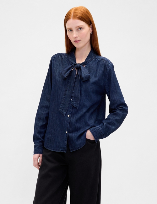Denim Tie-Neck Shirt