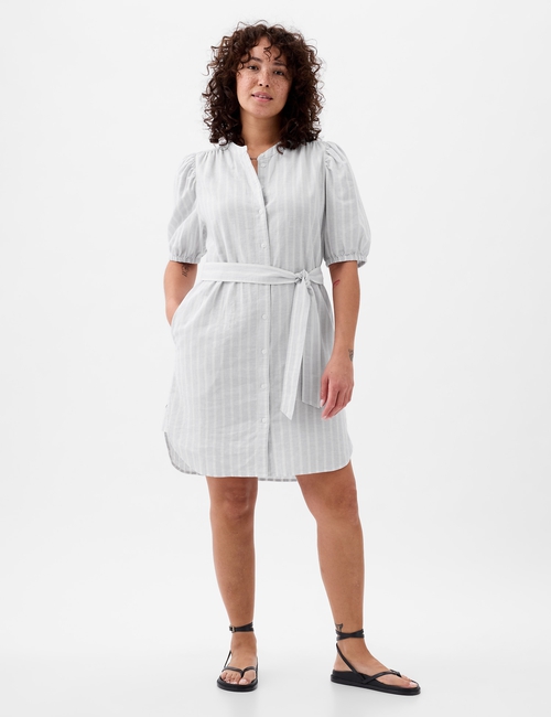 Linen-Cotton Puff Sleeve Mini Shirtdress