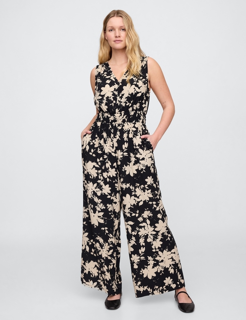 Smocked Wide-Leg V-Neck Jumpsuit