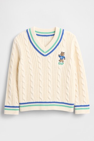 Baby & Toddler Bear Logo Varsity V-Neck Cable Knit Sweater