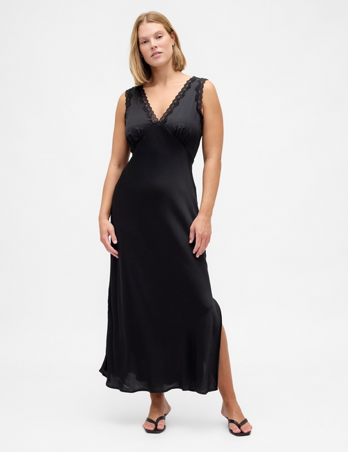 Satin Lace-Trim V-Neck Maxi Slip Dress
