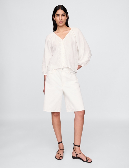 Cotton Gauze Embroidered V-Neck Top