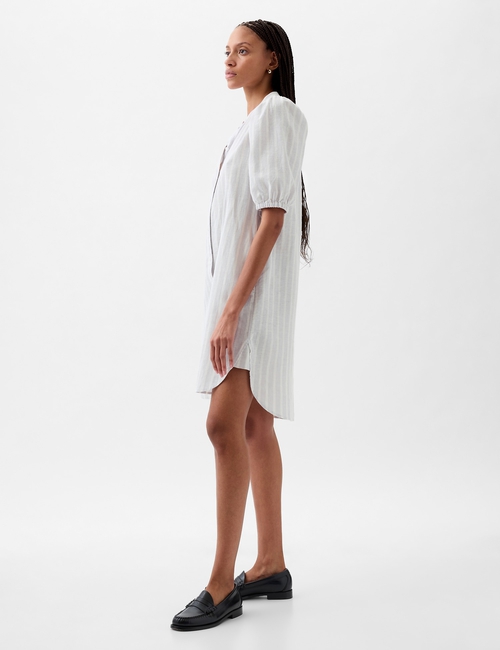 Linen-Cotton Puff Sleeve Mini Shirtdress