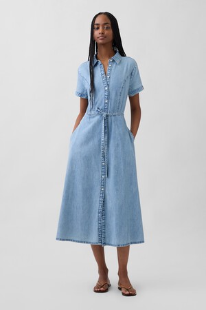 Denim Tie-Waist Midi Shirtdress