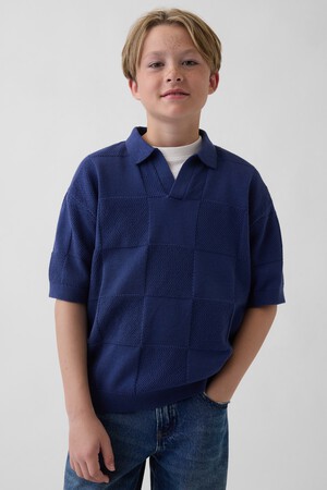 Kids Johnny-Collar Checkered Sweater