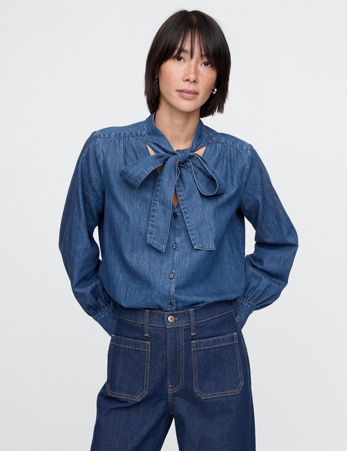 Denim Tie-Neck Shirt