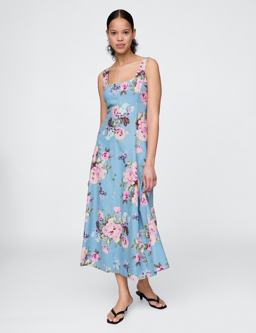 Linen-Blend Square-Neck Maxi Dress
