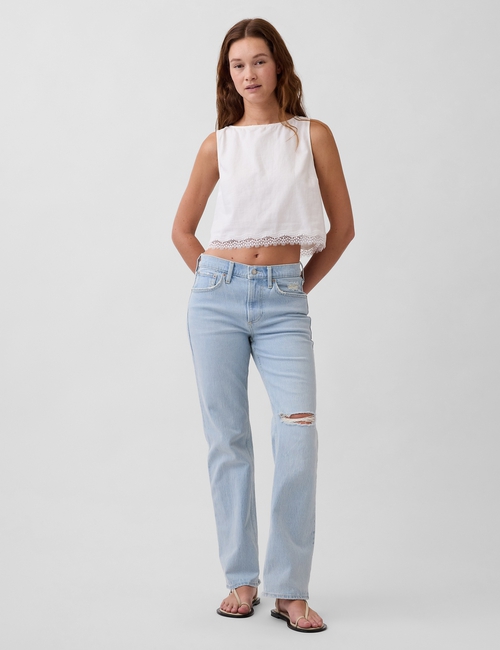 Linen-Blend Lace-Hem Crop Shell Top