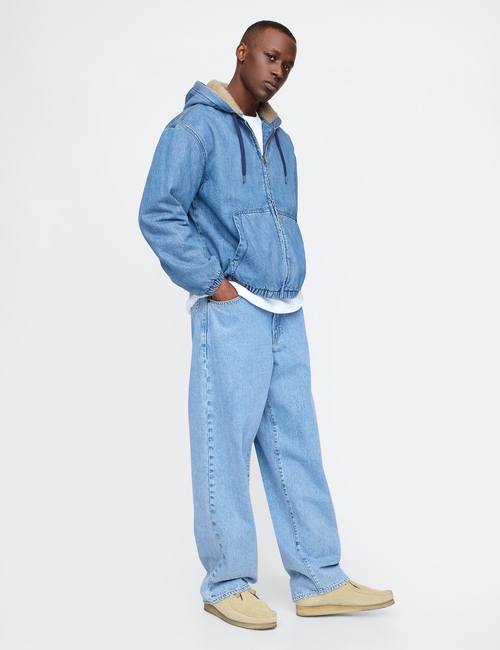 Oversized Sherpa-Lined Denim Zip Hoodie
