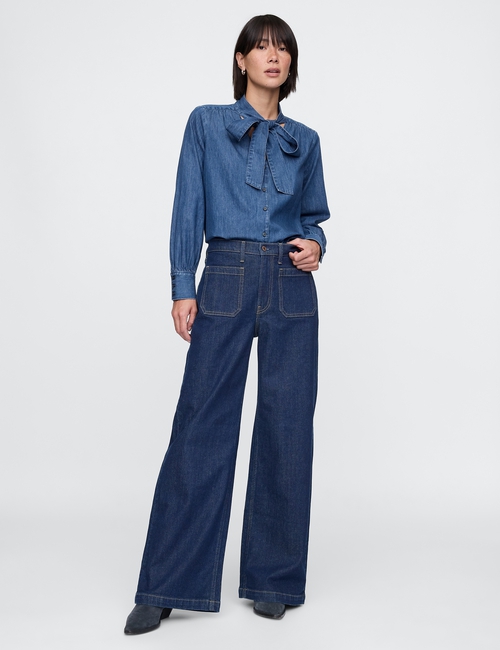 Denim Tie-Neck Shirt