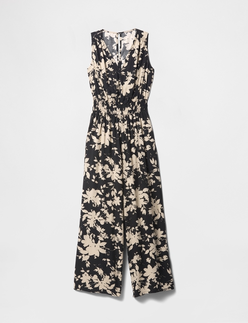 Smocked Wide-Leg V-Neck Jumpsuit