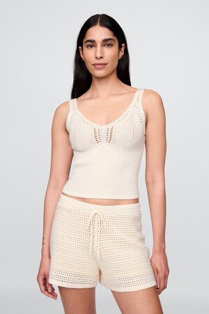 تي شيرت بلا أكمام قصير نسيج ناعم كروشيه