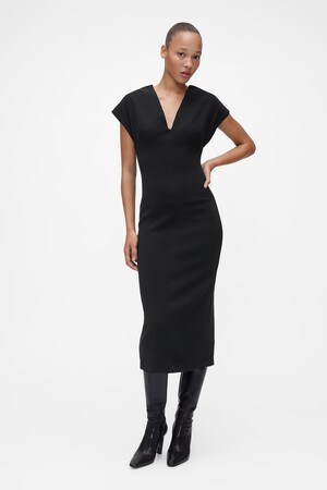 GAP STUDIO DBL WEAVE V NECK FITTED MIDI DRESS
