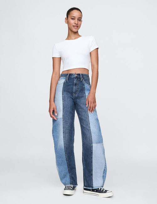 High Rise Patchwork Barrel Jeans