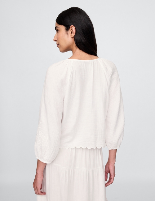 Cotton Gauze Embroidered V-Neck Top