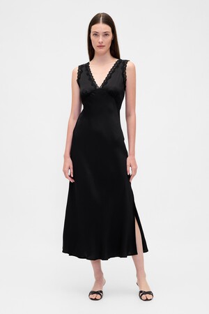 Satin Lace-Trim V-Neck Maxi Slip Dress
