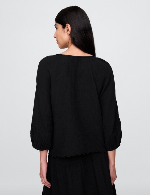 Cotton Gauze Embroidered V-Neck Top