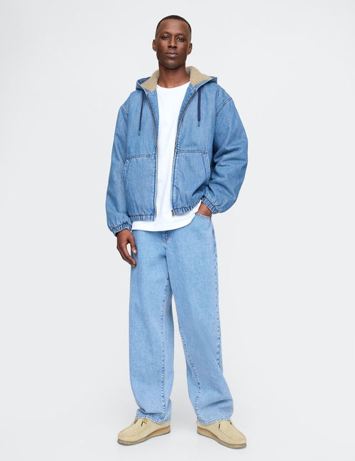Oversized Sherpa-Lined Denim Zip Hoodie